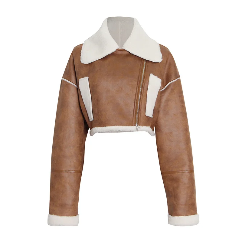 

Women's New Locomotive Lamb Hair Stitching Lapel Fur Coat Street Casual Thickened Short Jacket 2021 Autumn And Winter