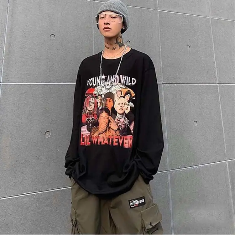 

American rapper print retro hip hop hiphop couple loose BF style large long sleeve men's T-shirt Street