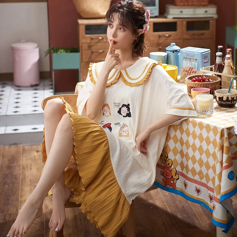 New Style Cotton Pajamas Ladies Summer Short-sleeved Nightdress Female Korean Style Cute Loose Plus Over-the-knee Home Service