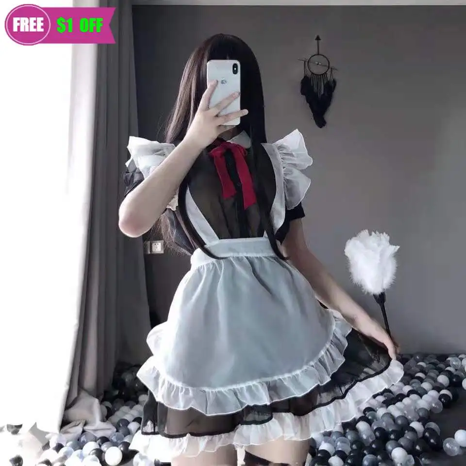 

Women Ladies See Through Lingerie Erotic Mesh Apron Babydoll Dress Lolita Retro Cute French Maid Outfit Cosplay Costume