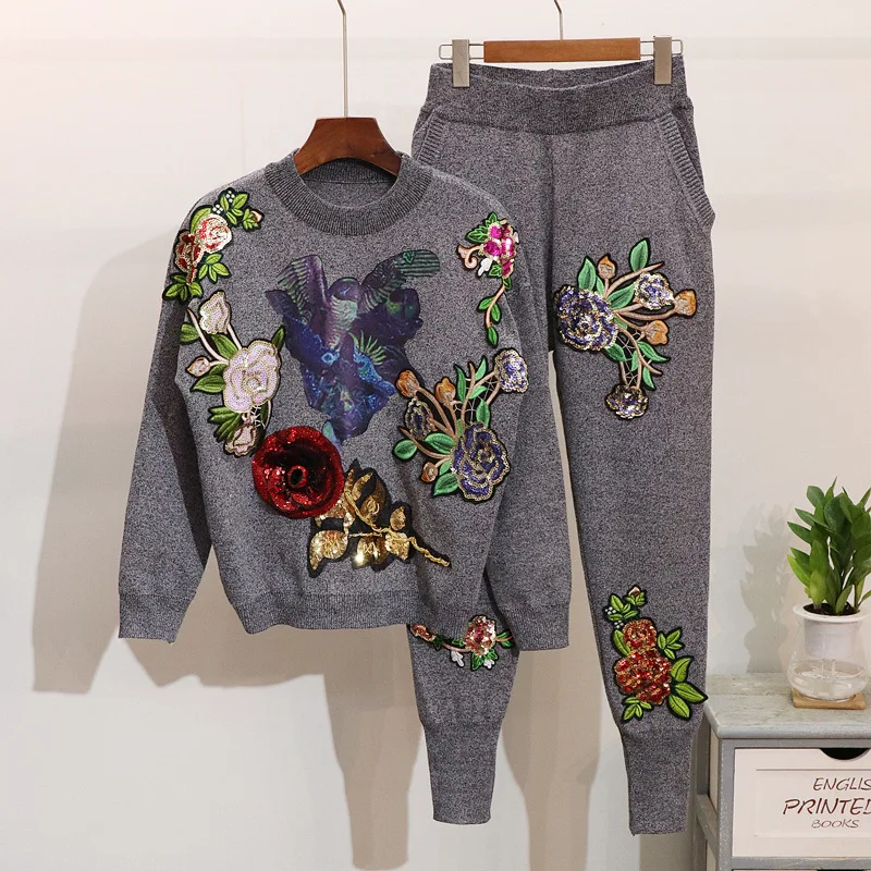 Womens Sequin embroidery Tracksuit Jogging Athletic Jacket + Pants Sportswear Floral Warm Winter