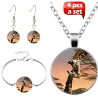 giraffe art photo jewelry set cabochon glass pendant necklace earring bracelet totally 4 pcs for womens fashion party gifts