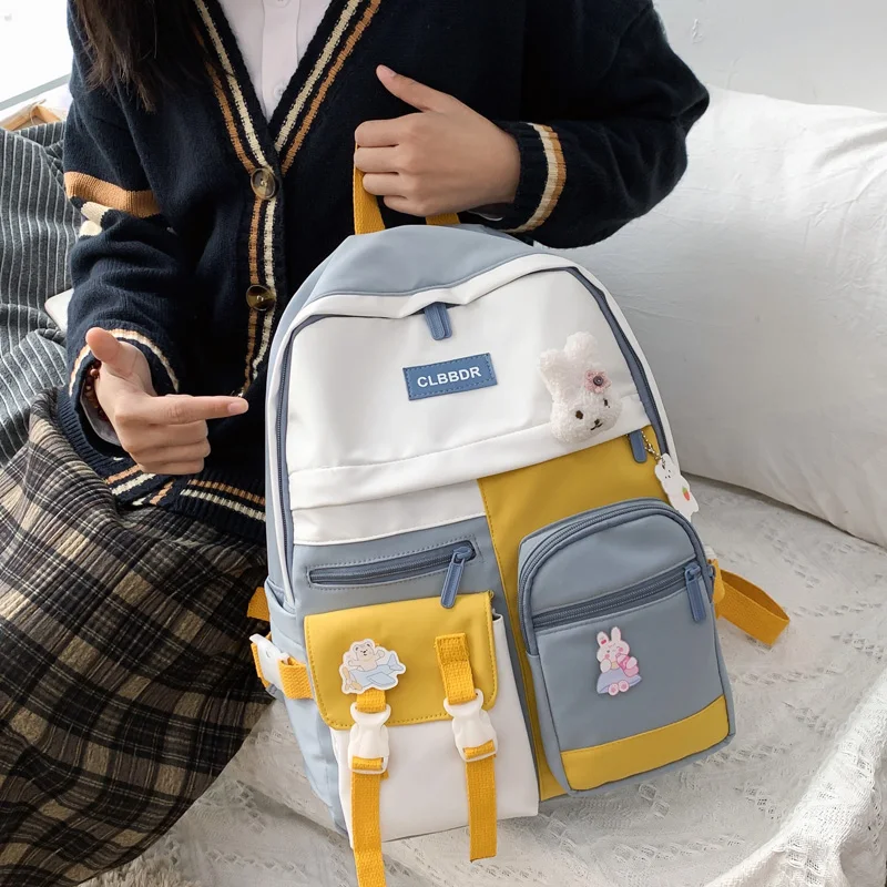 

DCIMOR New Waterproof Nylon Women Backpack Female Multi-pocket Contrast Color Travel Bag College Girls Insert Buckle Schoolbag