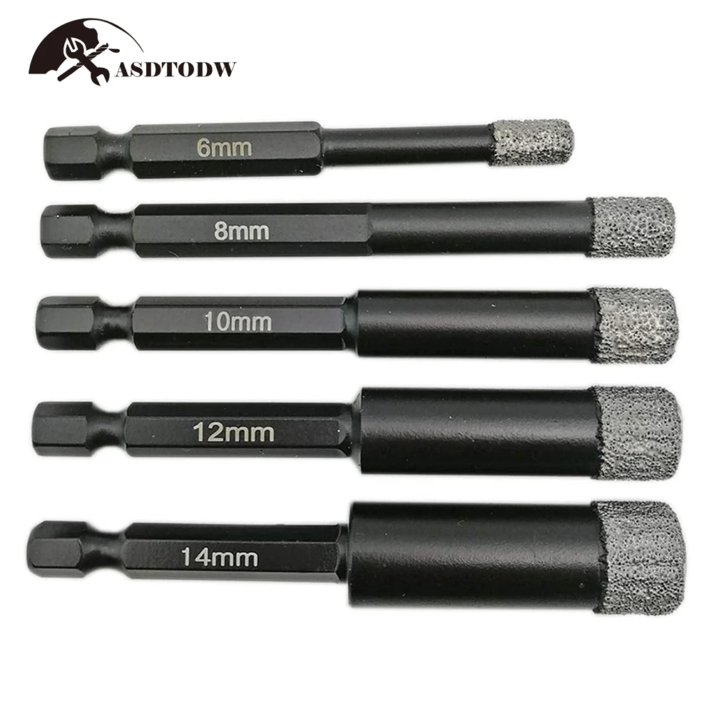 Набор из 3/5/7 сухих алмазных сверл для керамической плитки, мрамора, гранита с быстросменным гексагональным хвостовиком.