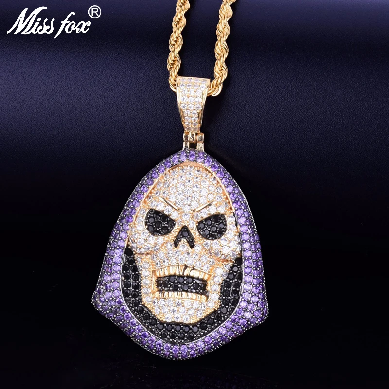 MissFox личности череп кулон в стиле хип хоп ожерелья золотистого цвета полный