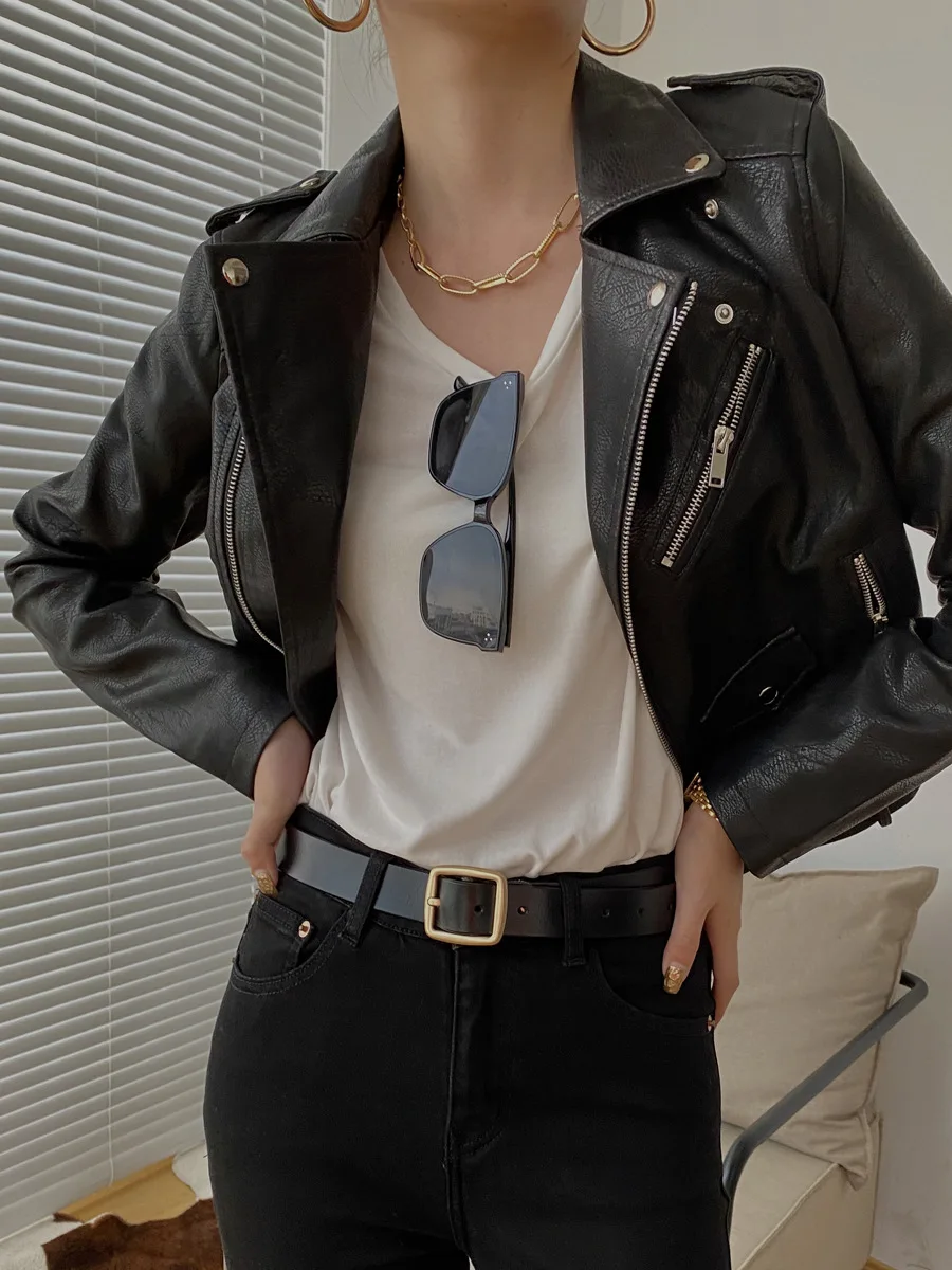 

SONDR 2021 Spring Motorcycle Jacket Women 's Short Artificial Soft Leather PU Street Coat Belt Coat