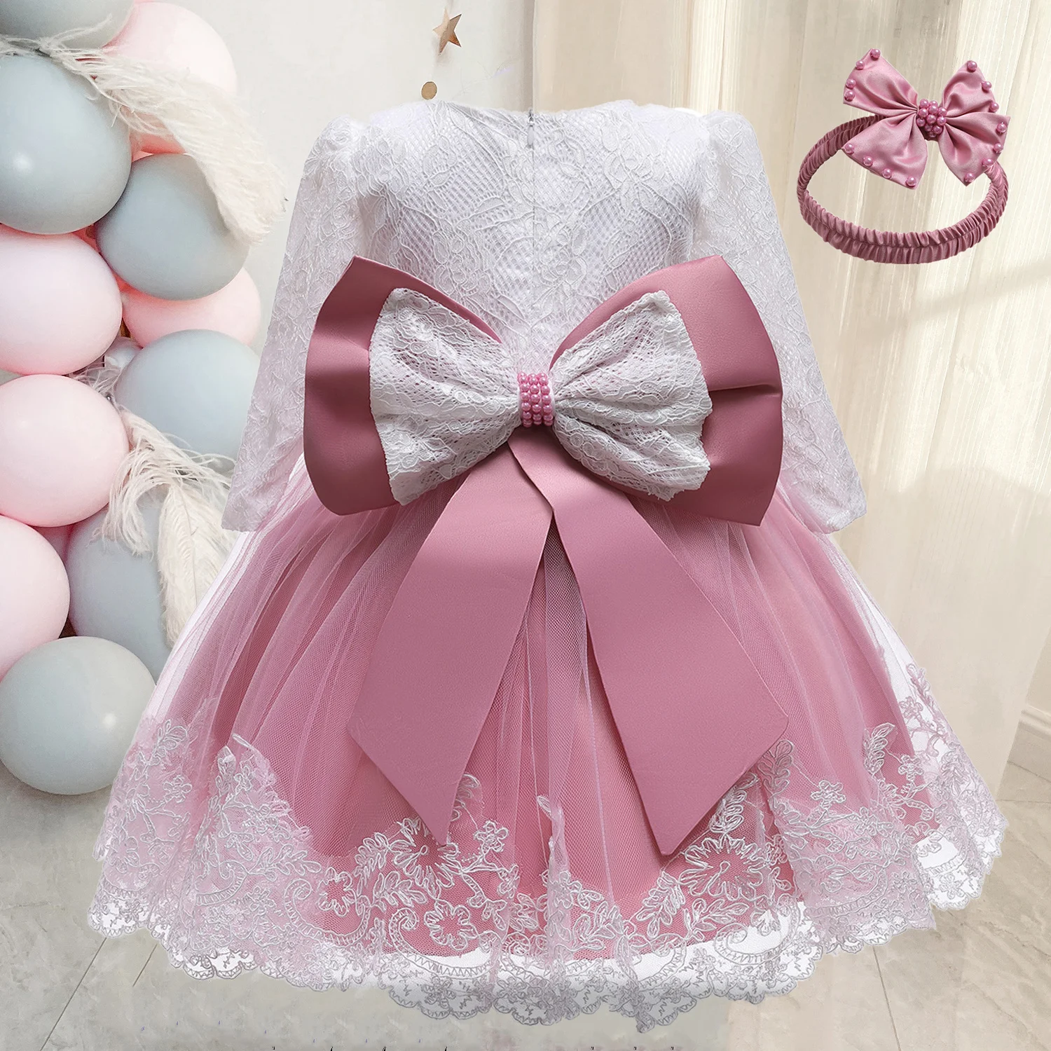 

Newboren Baby Dress for Girl Long Sleeve Bowknot Dresses 1 Year Girl Baby Birthday Toddler Girl Lace Infant Christening Gown