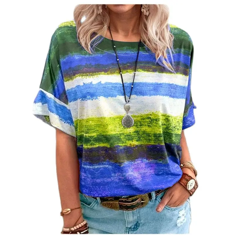 

Women t Shirt Gradient Contrast Printed Women Fashion Tops Short Sleeve O Neck t Shirt Female Loose Tees t Shirt Women