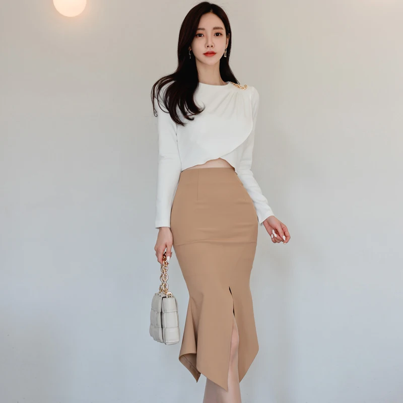 

2022 Spring Women Two-piece Set Vintage Casual Slim Long Sleeve Shirt Female High Waist Split Skirt Suits