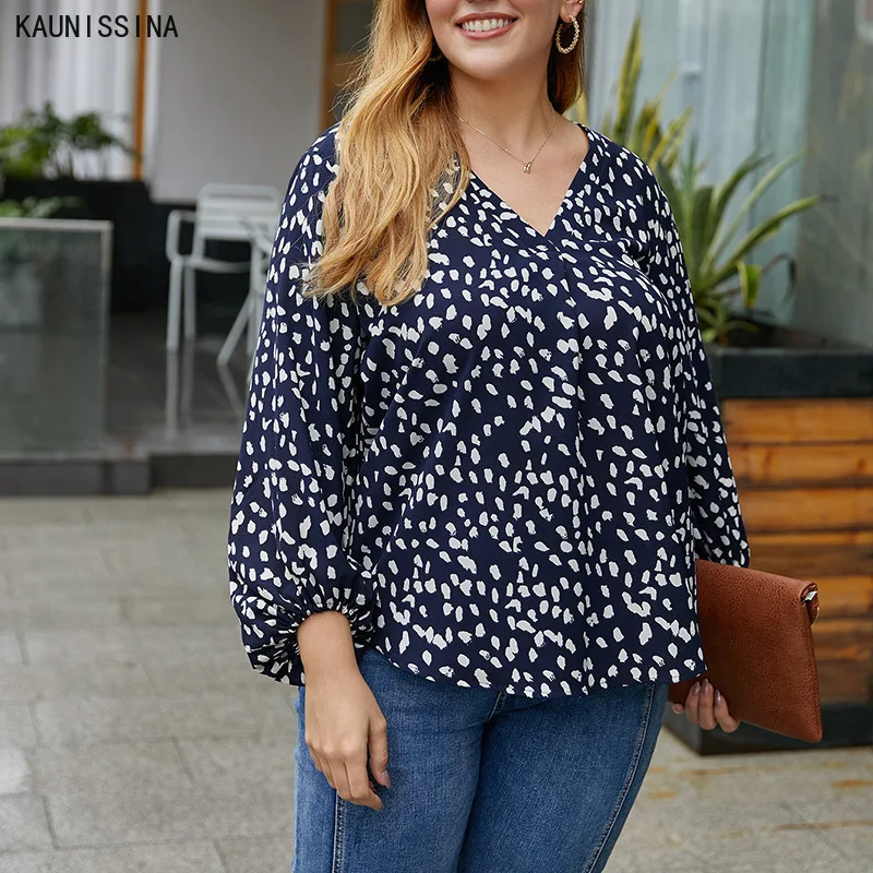 

Women Plus Size Blouses Casual Loose V-Neck Long Sleeve Print Spring Autumn Shirts Blouse XL-4XL Big Tops