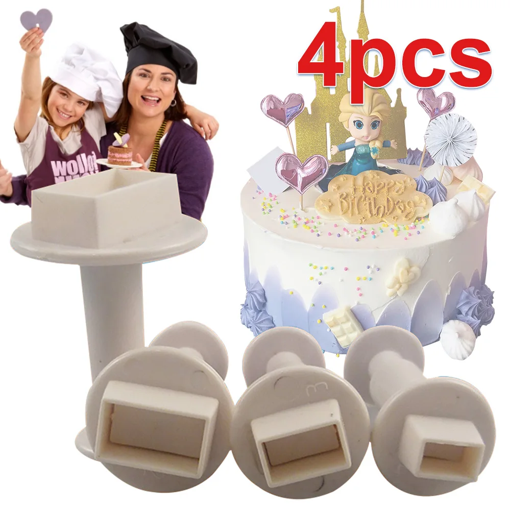 New 4pcs Square Shape Plunger Cake Cookie Cutter Fondant Gum Paste Cupcake Toppers Decorating Mold Biscuit baking Tool | Дом и сад