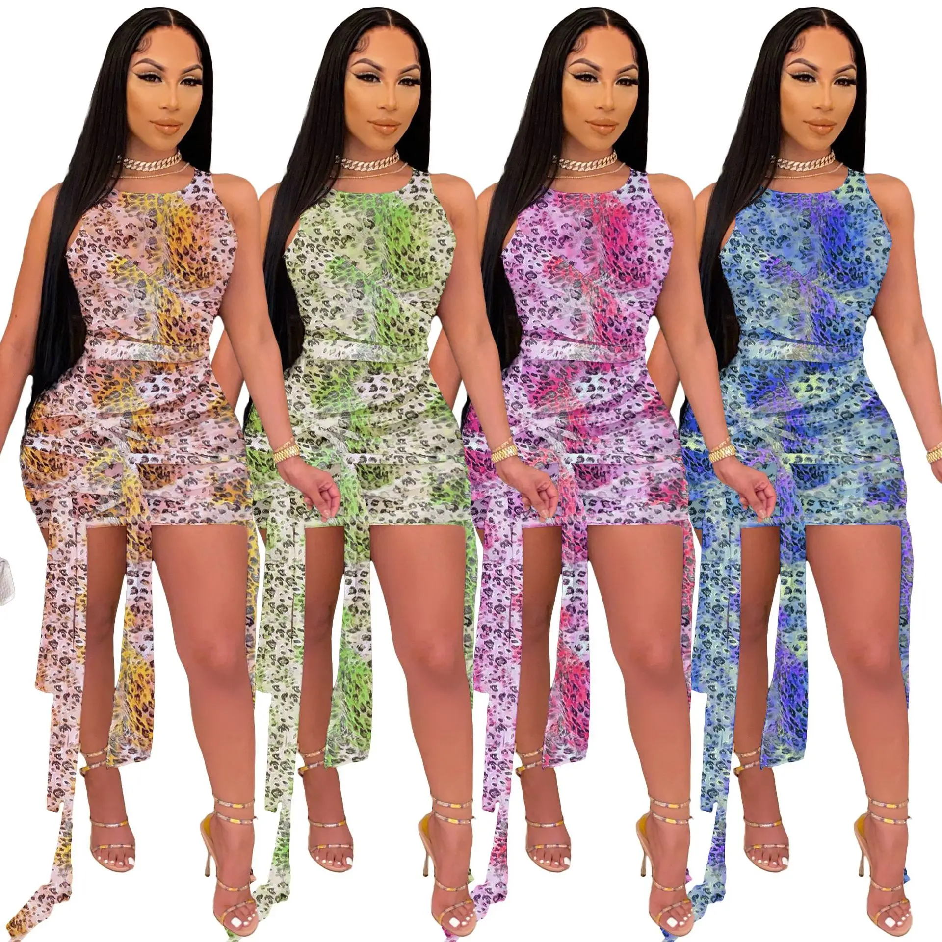 

Женское платье с принтом тай-дай, леопардовое облегающее элегантное эластичное мини-платье с поясом, S-3XL, Прямая поставка, лето 2021