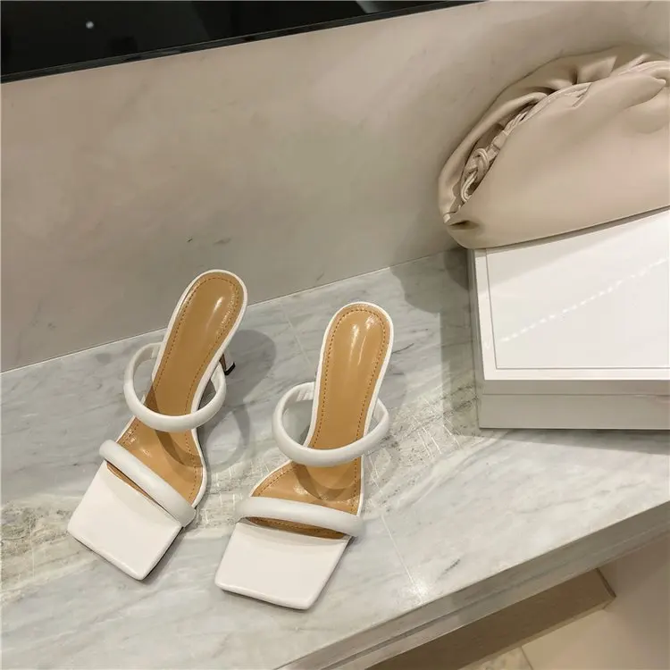 

Женские шлепанцы на тонком каблуке, желтые или белые сандалии без задника с квадратным носком, пляжные шлепанцы для отдыха, лето 2022