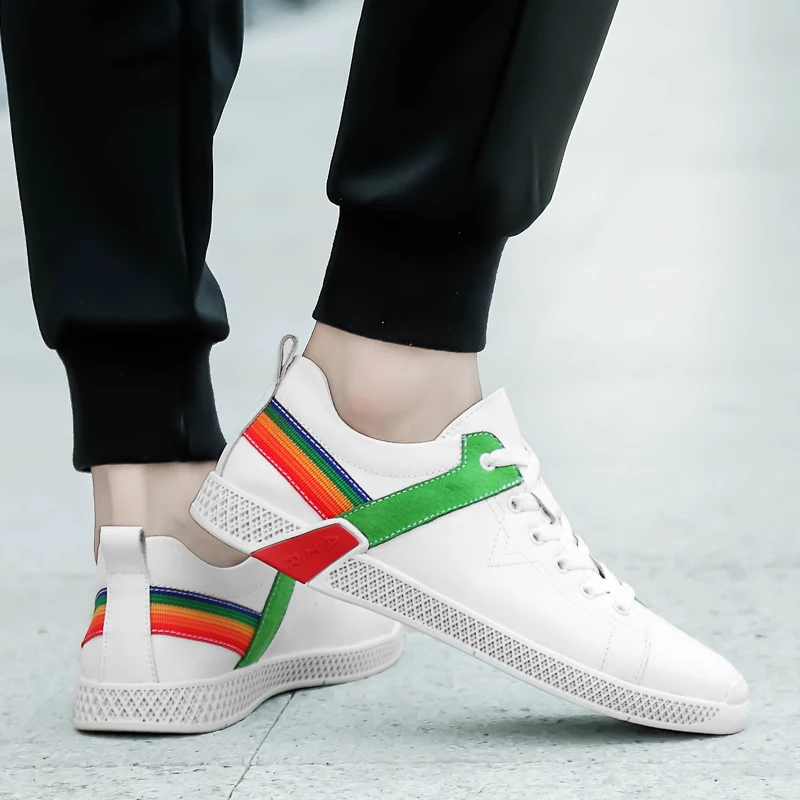 

Кроссовки мужские из натуральной кожи, роскошные дизайнерские кеды, плоская подошва, повседневные низкие, радужные, белые