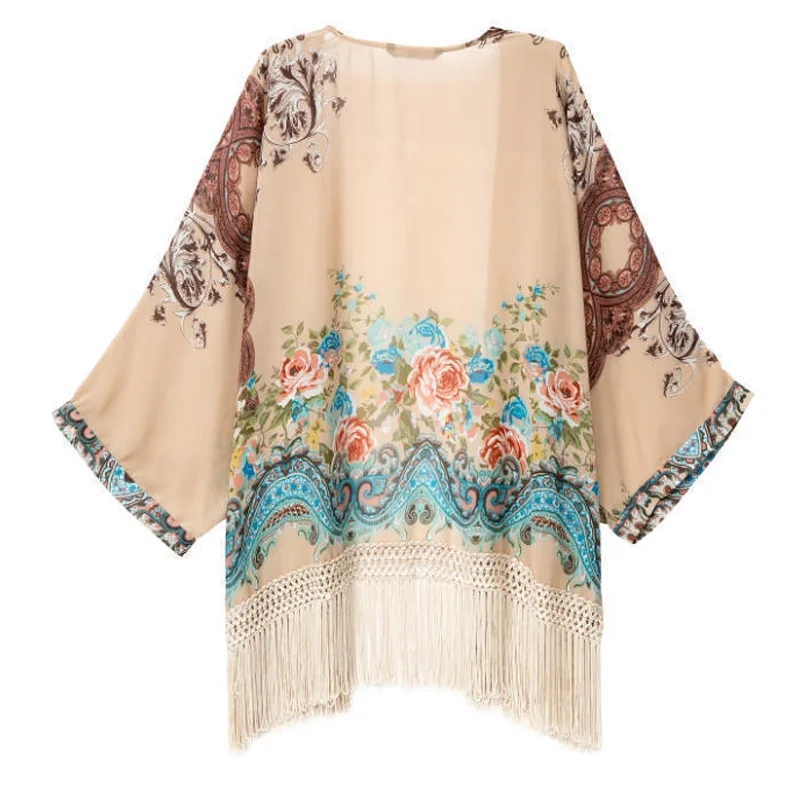 Винтаж для женщин цветочный принт кимоно кардиган этнический стиль рукав