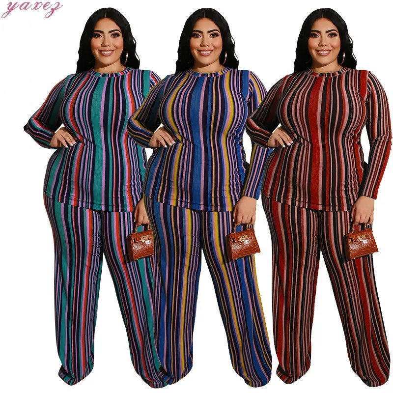 

2020 Colorful Stripes Plus Size Bodysuit 2 Piece Set Women O-Neck Slim Long Sleeve Party Clubwear Split Wide Leg Playsuit