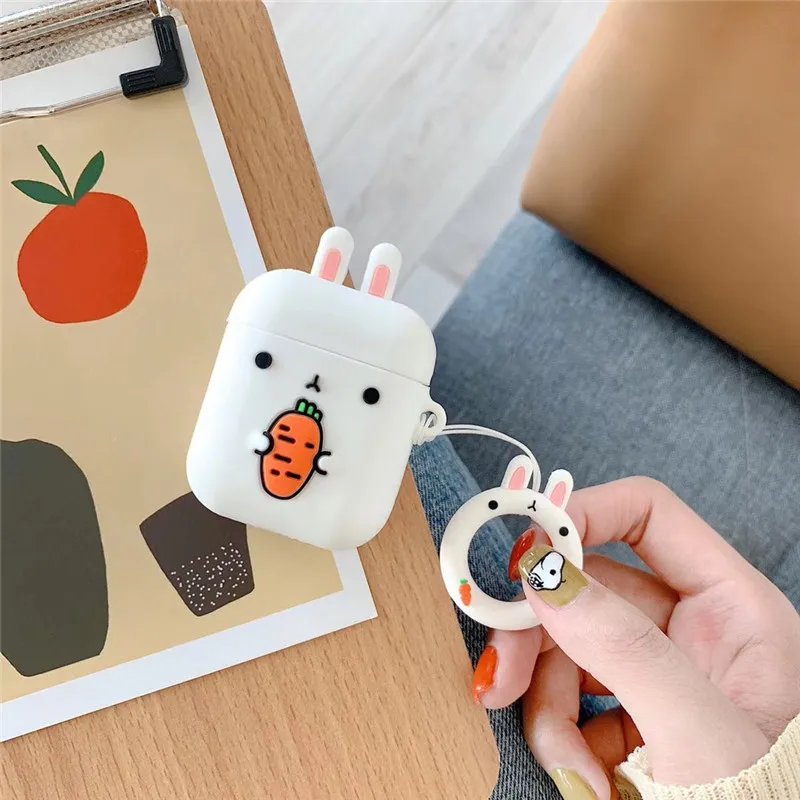 

For AirPods Case Cute Cartoon Rabbit Frog Pig Bear Pattern Earphone Cases For Airpods 2 Cover Funda with Finger Ring Strap
