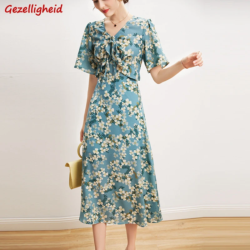 

Gezelligheid Dresses For Women 2021 Summer New Fashion Slim Elegant V-Neck Short Sleeve Print Real 100% Natural Silk Long Dress