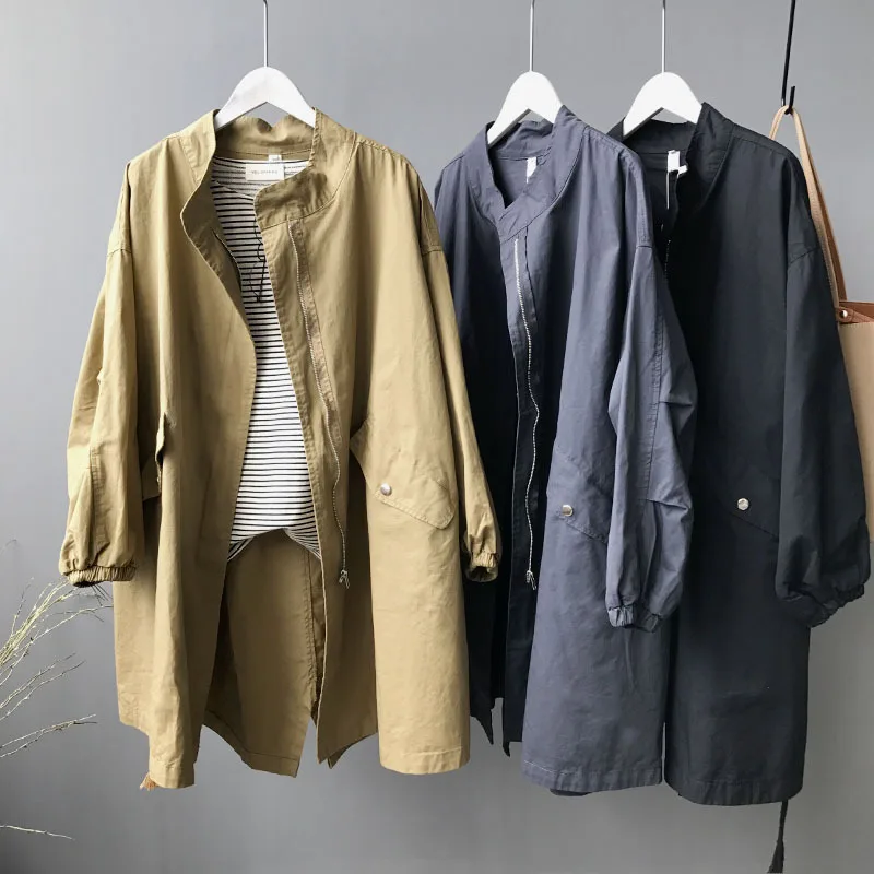 

Spring New Medium Length Windbreaker Women BF Wind Drawstring Washed Cotton Coat Large Size Solid Zipper Loose Khaki Trench