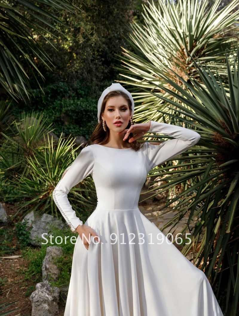 2022 белое арабское мусульманское свадебное платье Принцесса с круглым вырезом