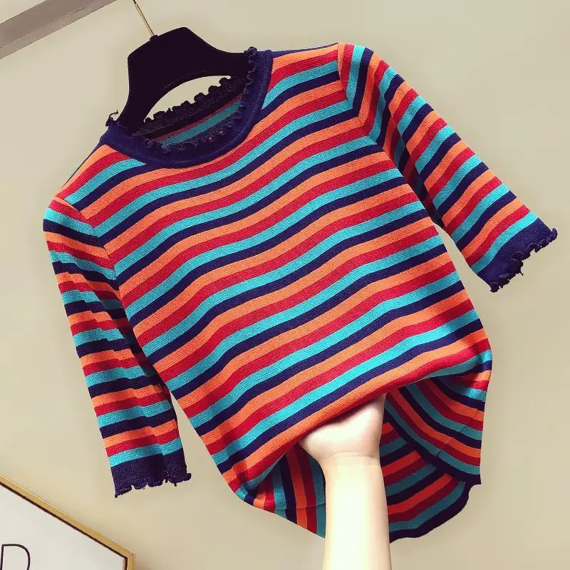 Женский облегающий вязаный свитер в радужную полоску короткий пуловер с