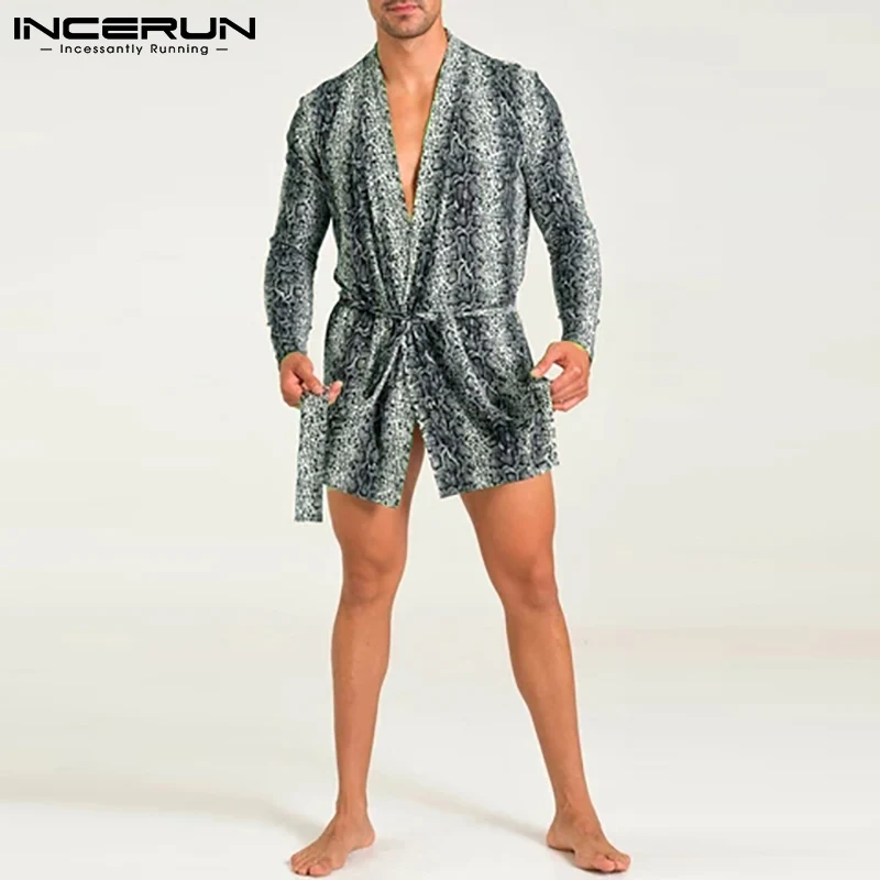 INCERUN Tops 2023 Comfortable Homewear Men's Robes Loose Comfortable Leopard Printing All-match Long Sleeve Cardigan Robes S-5XL