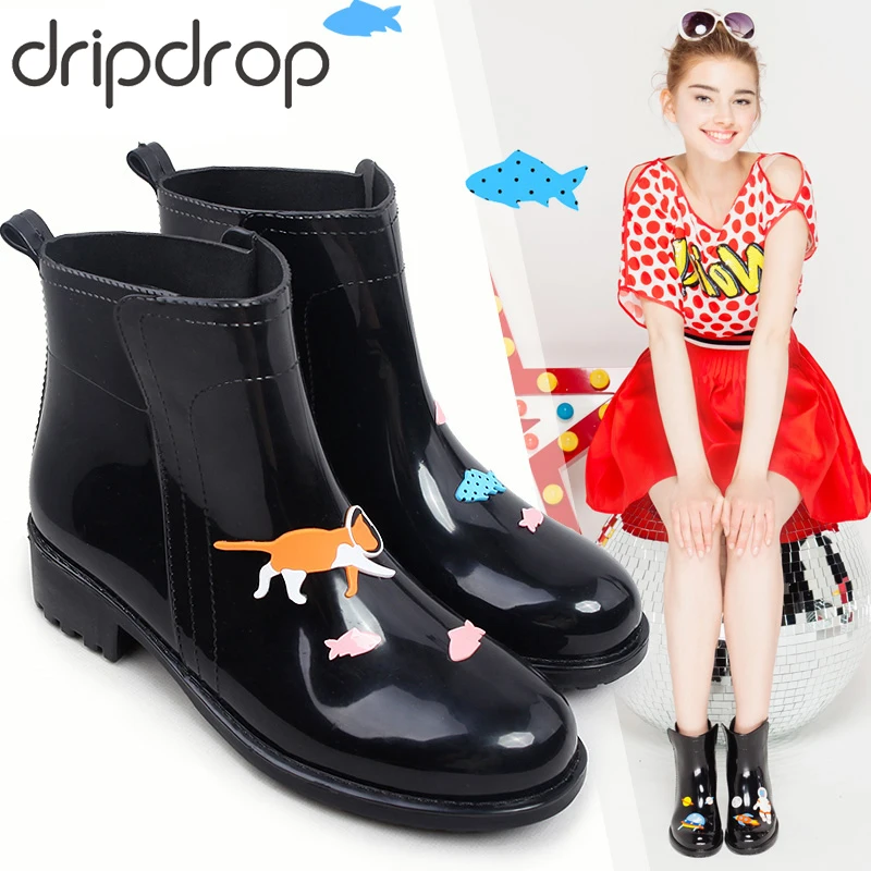 DRIPDROP Резиновые сапоги из ПВХ Водонепроницаемые для Женщин с Аппликации Котов и Рыб, Скафандра и Космического Корабля
