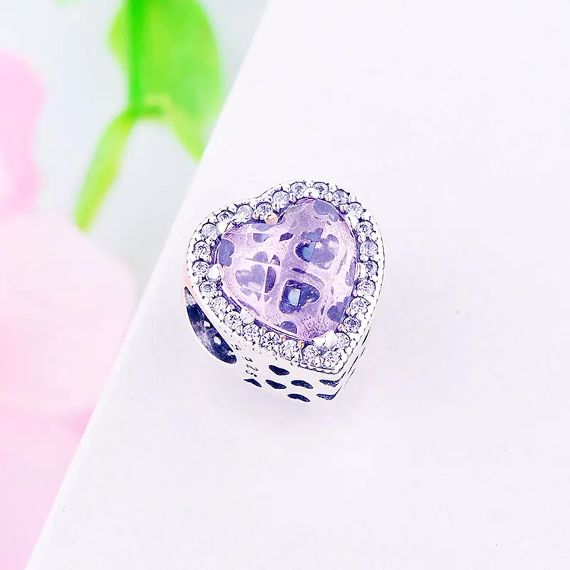 Аутентичные 925 серебряные сердца синие розовые циркониевые каменные бусины