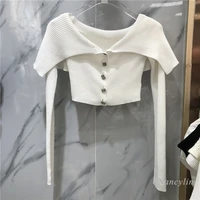 sexy off shoulder knitted top women 2021 autumn new drill buckle short cardigan slim shawl sweater coat white black