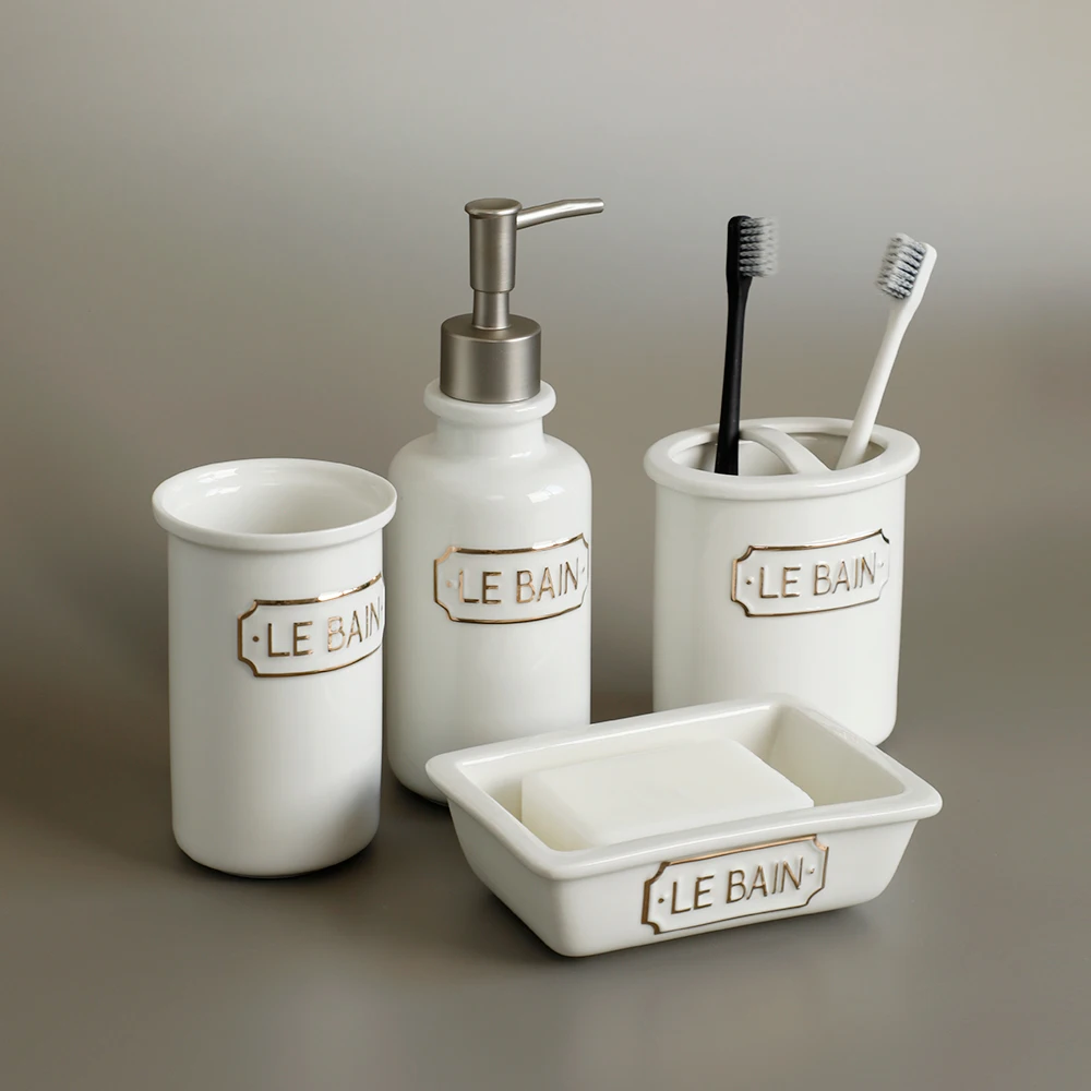 bathroom accessories set with soap or lotion dispenser toothbrush holder tumbler and soap dish white matt ceramic material free global shipping