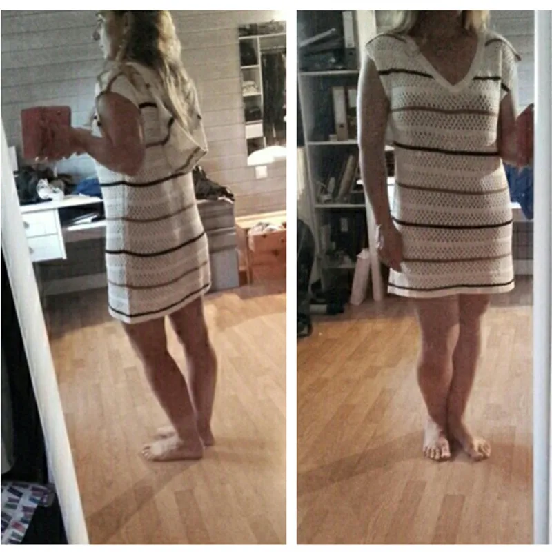 Вязаное крючком белое Полосатое платье без рукавов с капюшоном Сетчатое для