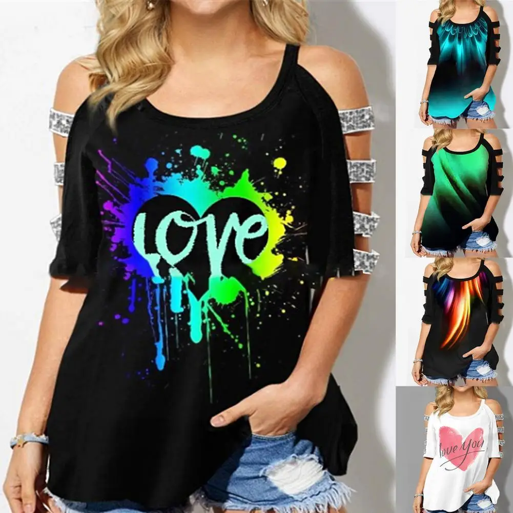 Модная женская футболка с принтом блузка открытыми плечами и коротким рукавом