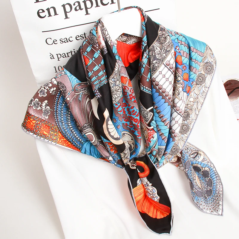 Женский квадратный шарф из натурального шелка платок 100% с принтом в Ханчжоу шали