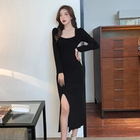 korean retro elegant square collar long sleeve one piece women dress french fashion casual autumn winter knitted sweater dresses