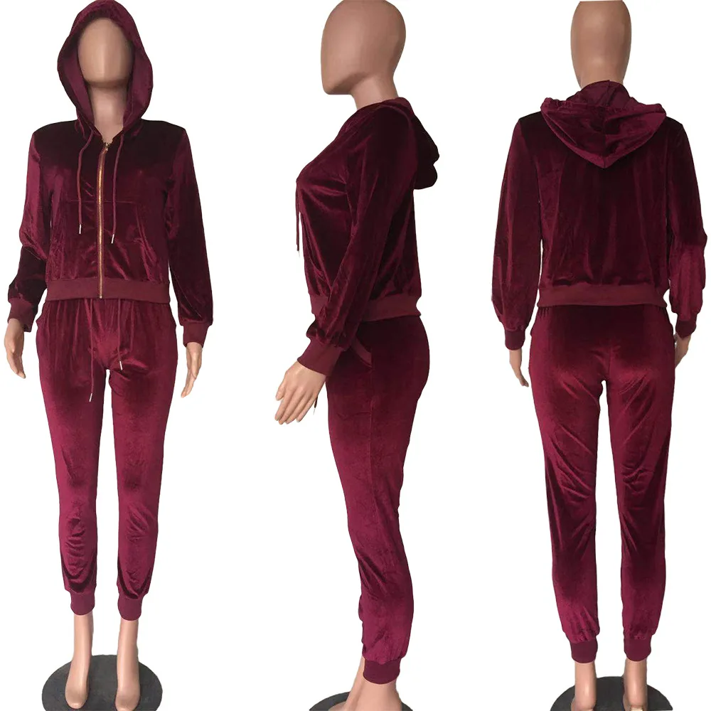 

Elegant Velvet Tracksuit Women Lounge wear Fitness Zipper Long Sleeve Hoodie Top with Sweatpants Slim Two Piece Set Outfits