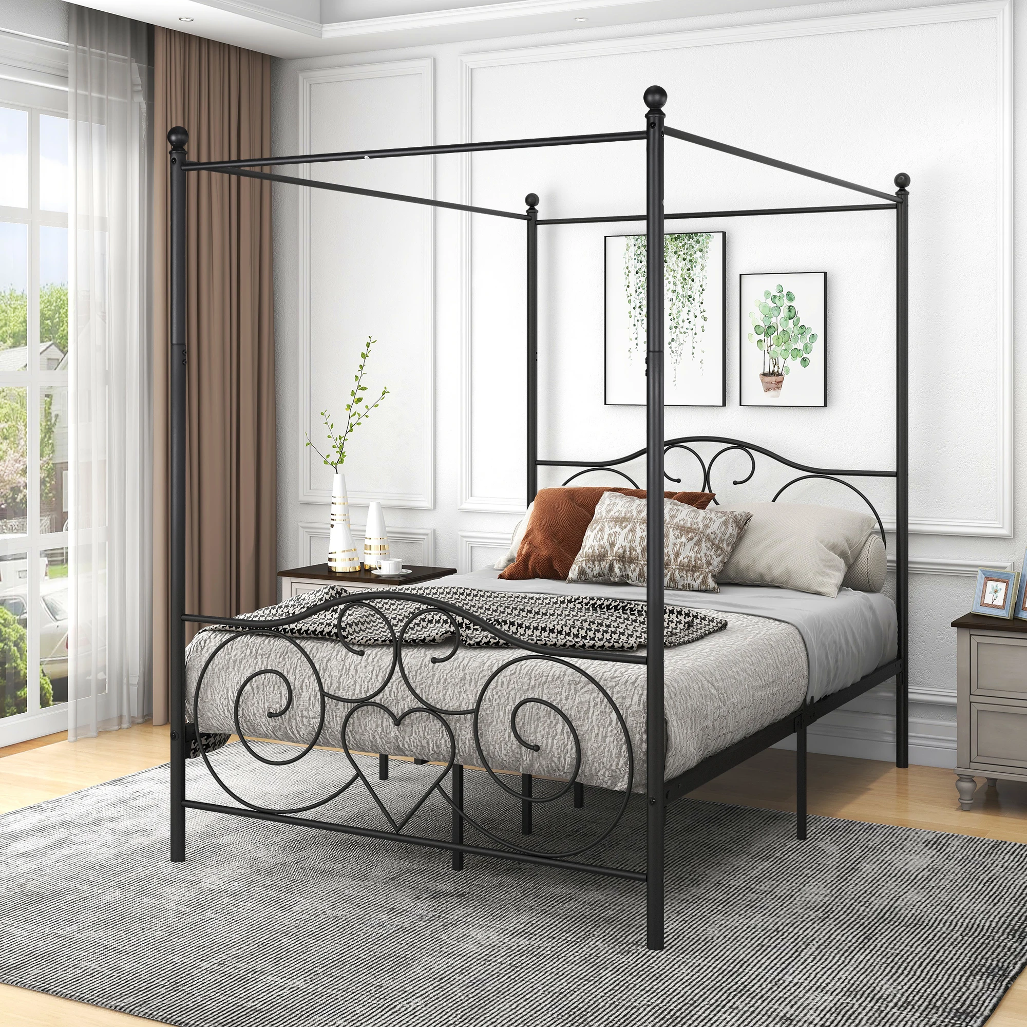 

Metal Canopy Bed Frame Sturdy Full Simple Vintage Headboard Footboard Easy DIY Assemb Sleeping Room Bedroom Home Furniture Black