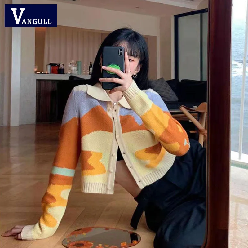 

Vangull Single Breasted Cardigan Women Elegant Simple Casual Sweater Retro Patchwork Cardigan Contrast Chic Lady Short Sweater