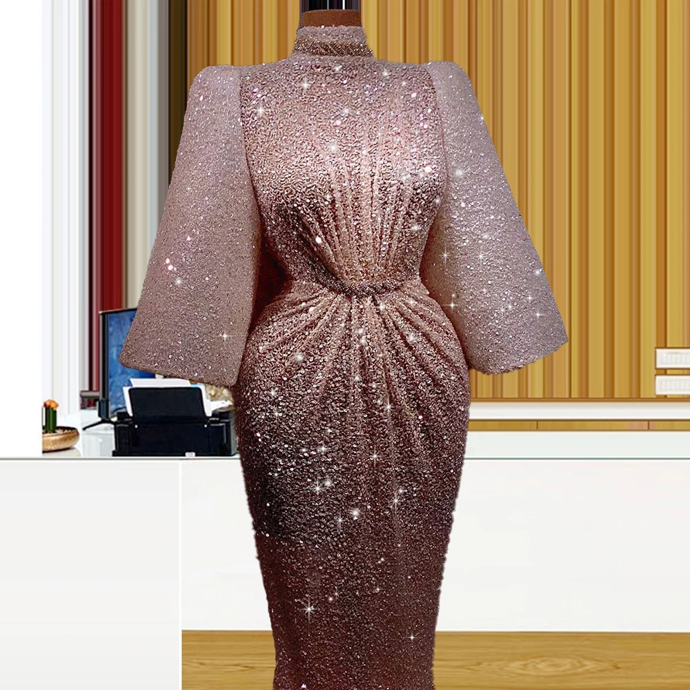 Glitter 3/4 Sleeves High Neck sukienki damskie Plus Size sukienka  Rose Pink платья для выпускного вечера vestidos formales