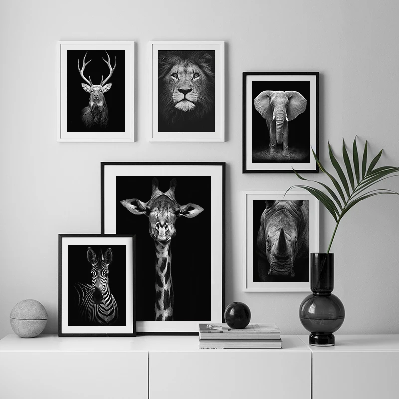 Искусство на холсте фотография черно-белый жираф слон для гостиной настенное