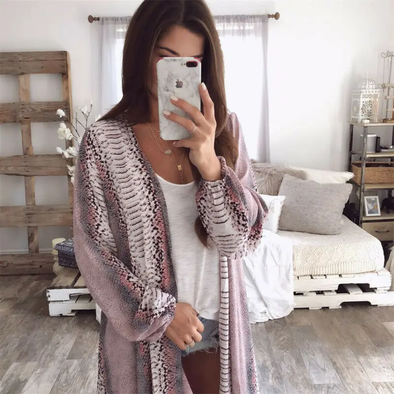 2019 Women Long Sleeve Print Style Chiffon Coat Snake Pattern Outwear Tops Cardigan Sweaters |