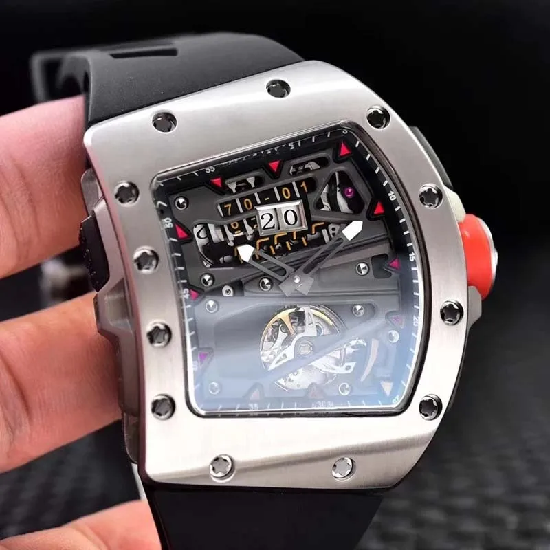 

New Classic Men Automatic Mechanical Silver Blue Red Black Rubber Watch Tourbillion Limited Sports All Steel Sapphire Clock Gift