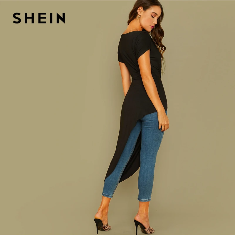 SHEIN черный с плеча твист Спереди асимметричный подол Bardot футболка Женские топы осень короткий рукав Твердые Элегантные футболки