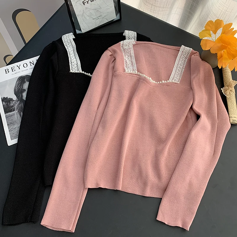 

2021 Spring New Lace Closures Pearl Pattern Slim Fashion Knitted Top
