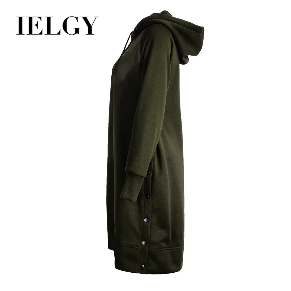 

IELGY Hooded long women's comfortable sleeve trendy split button wild solid color dress