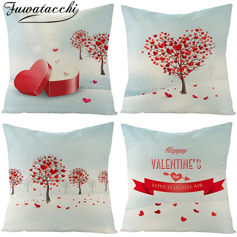 Чехол для подушки Fuwatacchi из чистого льна красная наволочка с узором в виде сердца