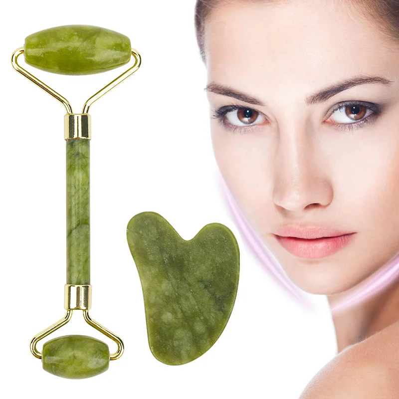

NEW Green Jade Massager Roller Scraper Set Natural Crystal Stone Gua Sha Board Face Roller Skin Care Beauty Tools