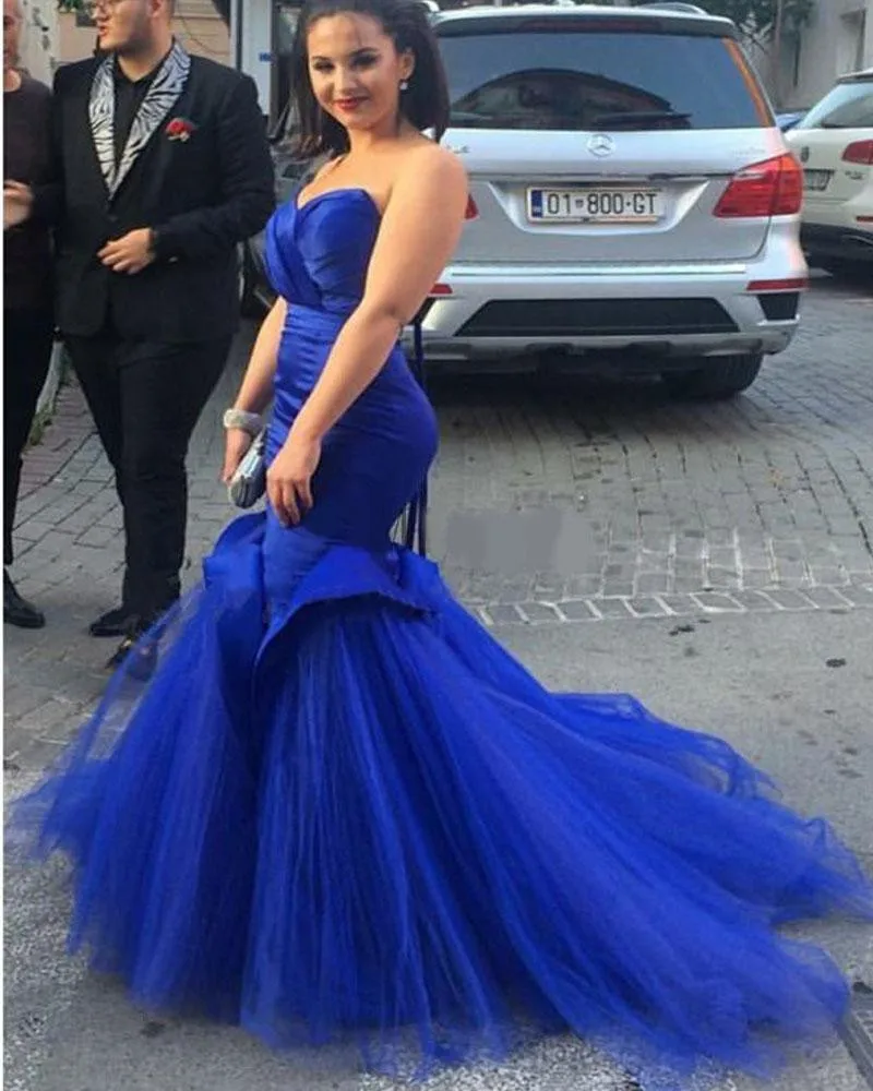 

Royal Blue Long Sweep Mermaid Evening Dresses Sweetheart Zipper Back Vestidos De Novia Sleeveless Bride Prom Dress