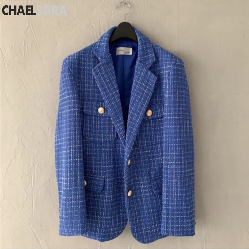 Женский твидовый блейзер в клетку офисный однобортный пиджак с длинным рукавом