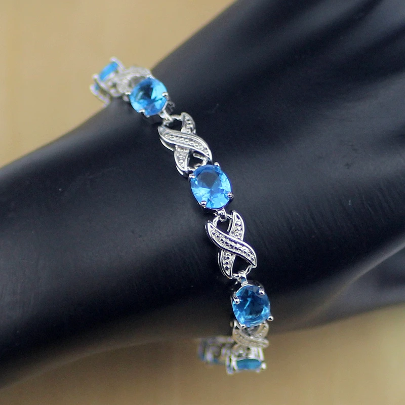 

925 Sterling Silver Jewelry Blue CZ White Zircon Chain Link Bracelet For Women Free Gifts Box&Free Shipping S105