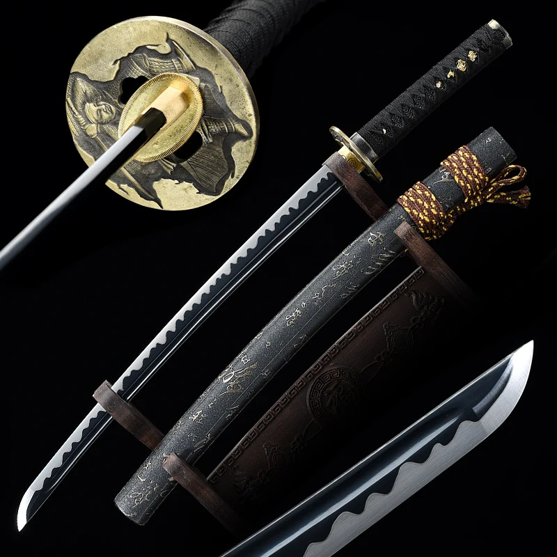 

Японские настоящие катаны Wakizashi, ручная работа, 1095 сталь, черное лезвие, Полная прочность, цинковый сплав, Tsuba, мечи, самуры, Декор
